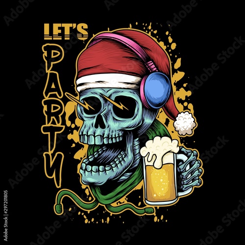 Skull beer christmas illustration