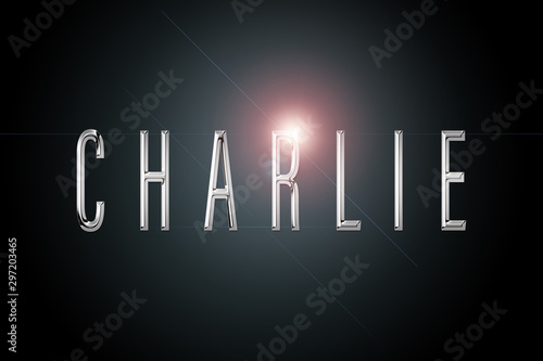 first name Charlie in chrome on dark background with flashes