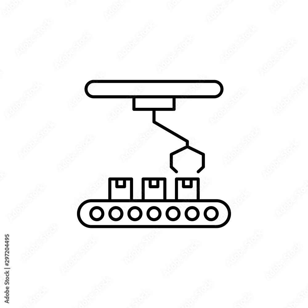 Box arm robot conveyor belt icon. Simple line, outline vector of artificial Intelligence icons for ui and ux, website or mobile application Box arm robot conveyor belt icon. Simple line, outline vector of artificial Intelligence icons for ui and ux, website or mobile application