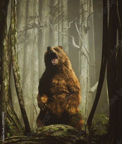 The forest's tales,Brown grizzly bear in magical forest,3d illustration photo