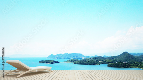 Beach lounge with sea view in hotel or resort on summer season - Living area and island view on wood deck for holiday or vacation artwork - 3D Rendering