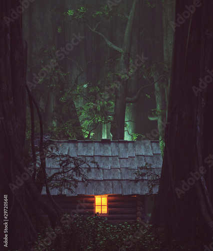 Fotografia Light from window of an old cabin in haunted forest,3d illustration