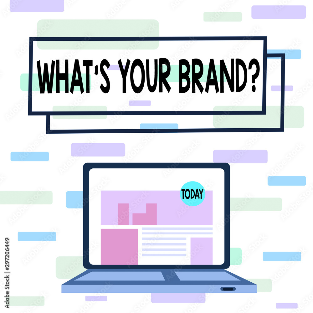 Writing note showing What S Your Brand Question. Business concept for asking about product logo does or what you communicate Laptop Switched On with Website Homepage Screen Web Search Writing note showing What S Your Brand Question. Business concept for asking about product logo does or what you communicate Laptop Switched On with Website Homepage Screen Web Search