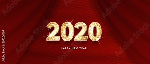 2020 Happy new year. Gold Design of greeting card. Gold Shining Pattern. Happy New Year Banner with 2020 Numbers on Bright Background. Vector illustration 