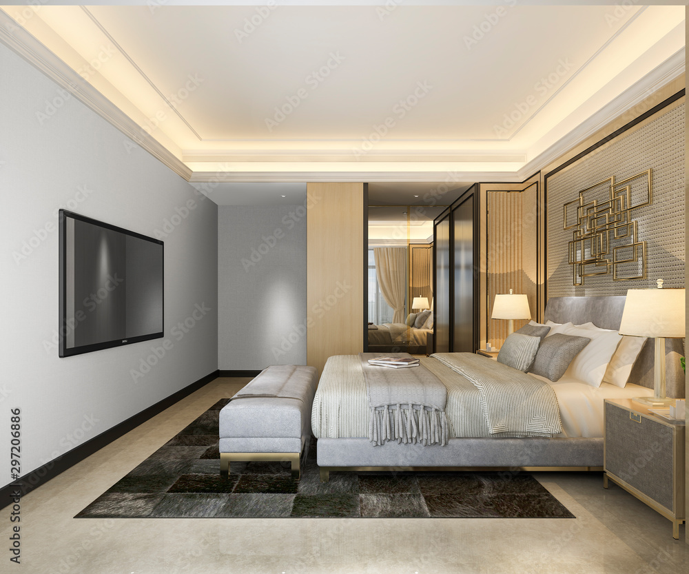 Fototapeta premium 3d rendering beautiful classic luxury bedroom suite in hotel with tv