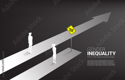 Business concept of gender competition. Silhouette of businessman on going track and business women on road block track .Concept of gender inequality in business and obstacle in woman career path