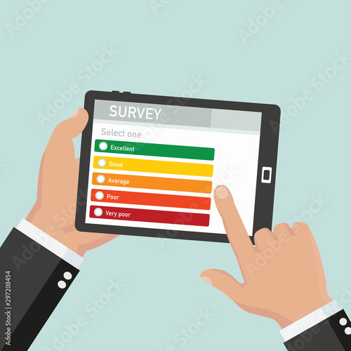 Website rating feedback and review concept. Hand holding and pointing to a tablet with like and dislike hand sign button on the screen. Vector illustration in flat style - stock vector