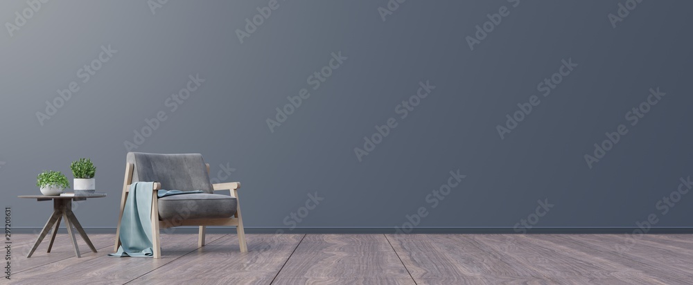Plakat Salon z drewnianym stołem i fotelem.