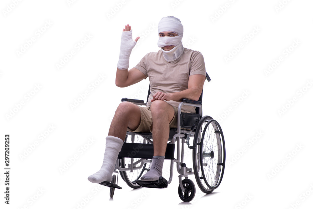 Injured man in wheel-chair isolated on white Injured man in wheel-chair isolated on white