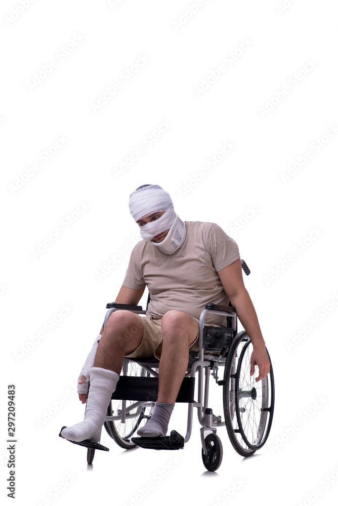 Injured man in wheel-chair isolated on white Injured man in wheel-chair isolated on white