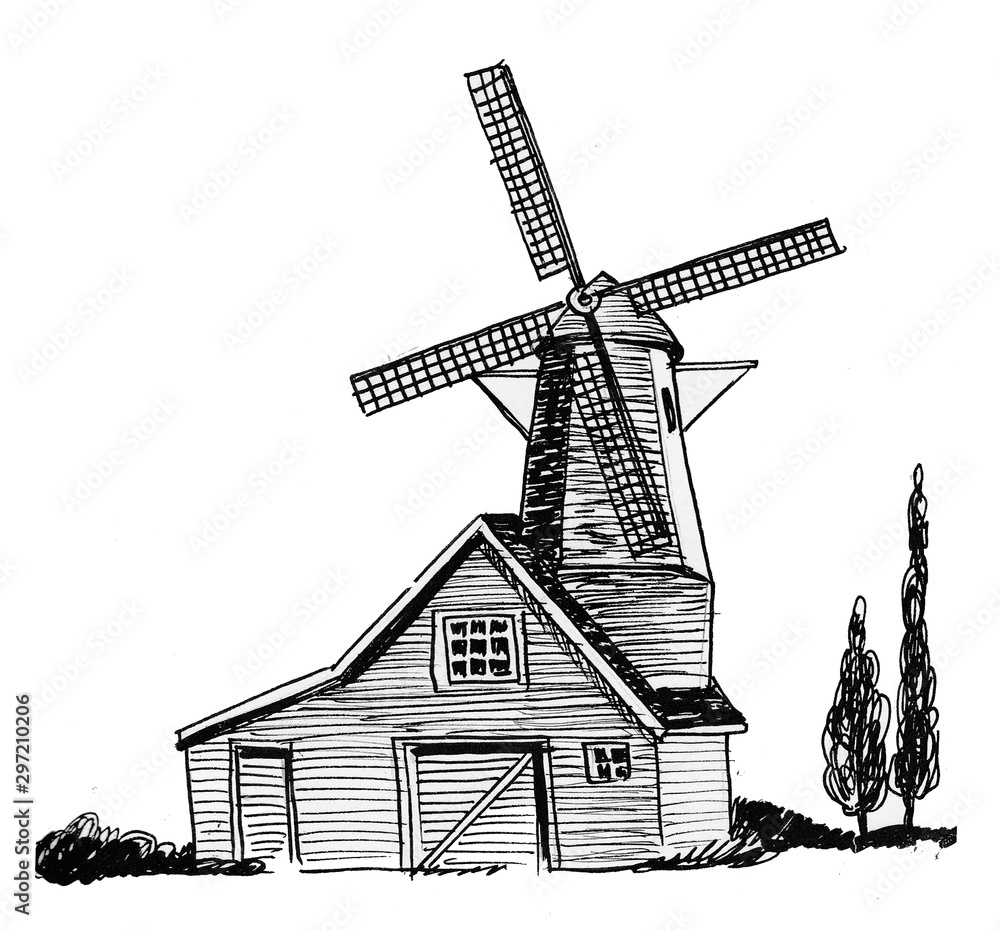 Old vintage windmill. Ink black and white drawing