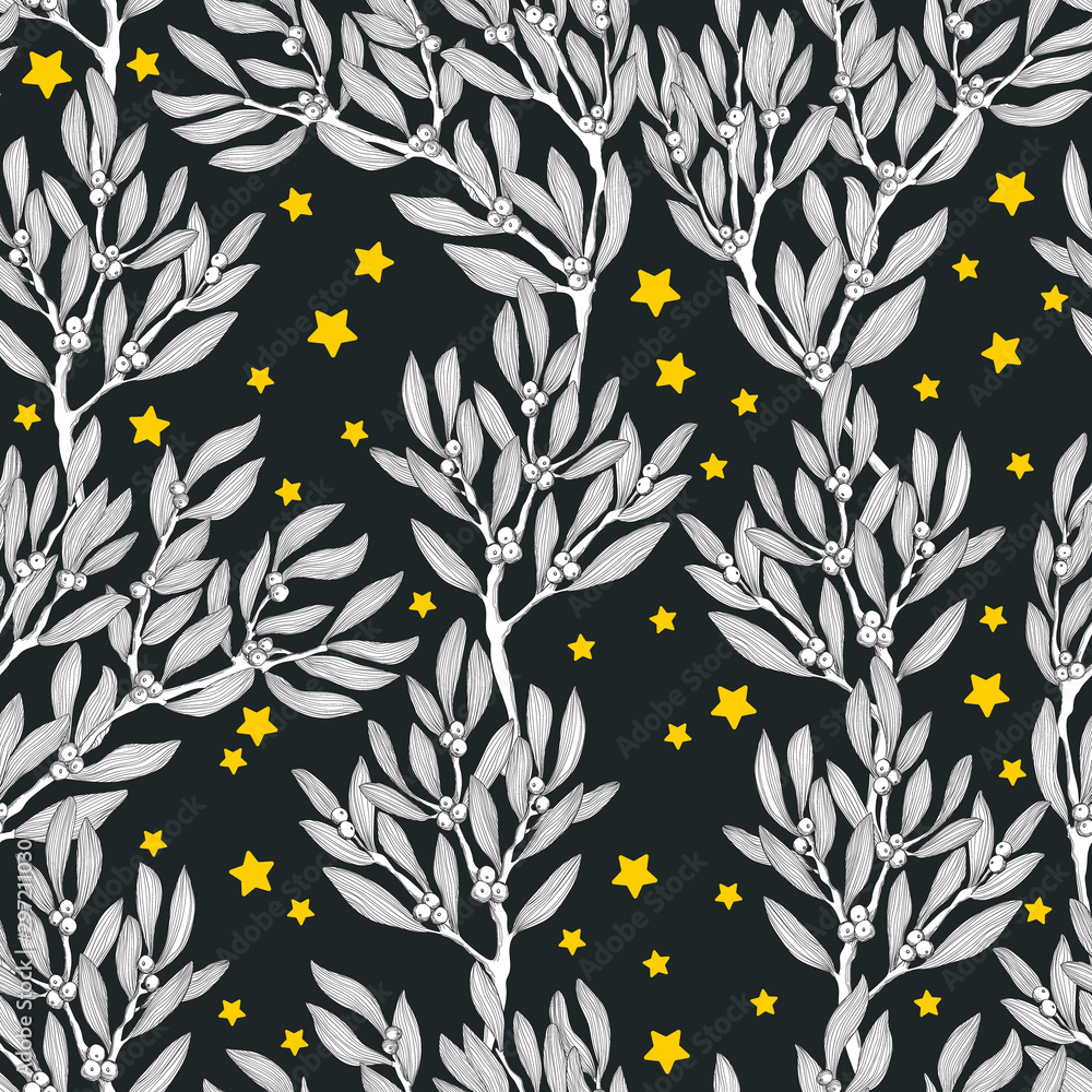 Vector seamless pattern with hand draw lineart branches of mistletoe and stars on dark bacakground. Christmas repeating background with hand draw ilex leaves and berries. For fabric, wrapping paper Vector seamless pattern with hand draw lineart branches of mistletoe and stars on dark bacakground. Christmas repeating background with hand draw ilex leaves and berries. For fabric, wrapping paper