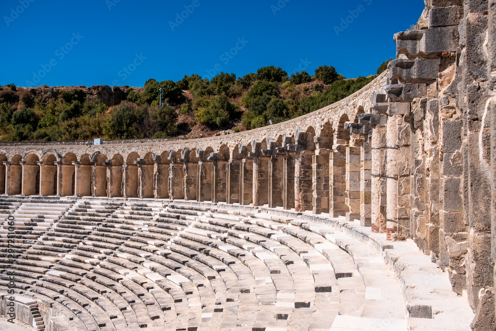 Aspendos, aerial view panorama photo of Aspendos Ancient Theater