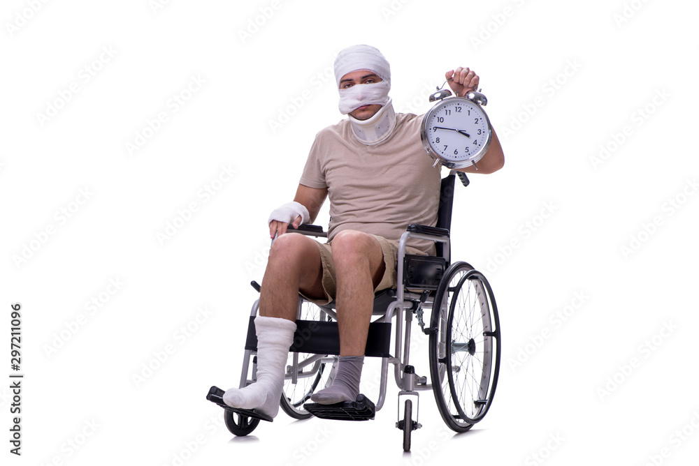 Injured man in wheel-chair isolated on white Injured man in wheel-chair isolated on white