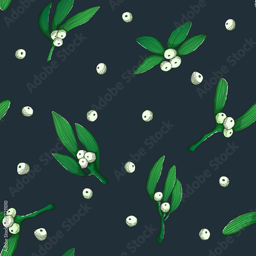 Seamless vector pattern with mistletoe branch on blue background. Christmas winter floral colorful pattern. Christmas ilex berries and leaves backdrop.
