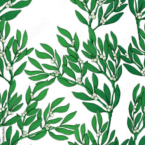 Christmas seamless pattern with hand draw mistletoe and berry. Backdrop with ilex branch and berries on white. Perfect for greeting cards, wallpaper, gift paper. Vector repeating background.