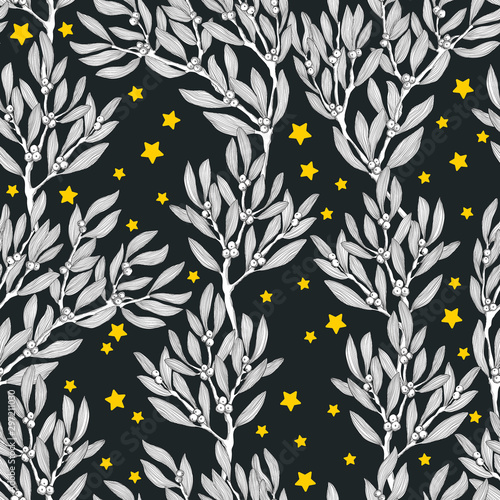 Vector seamless pattern with hand draw lineart branches of mistletoe and stars on dark bacakground. Christmas repeating background with hand draw ilex leaves and berries. For fabric, wrapping paper