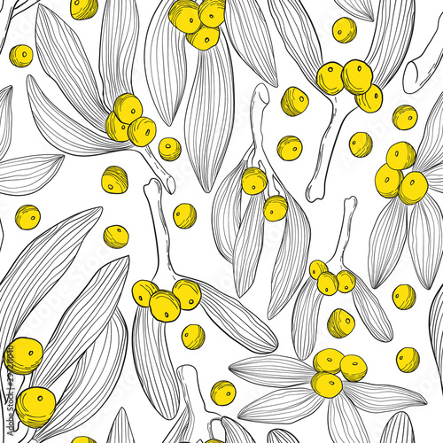 Christmas vector seamless pattern with hand draw lineart mistletoe and yellow berry. Repeating background  with outline ilex branch and berry. Perfect for greeting cards, wallpaper, gift paper.