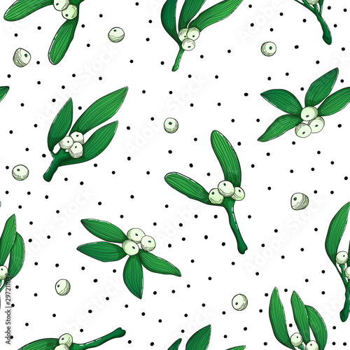 Seamless vector pattern with mistletoe branch and berries and dots on white background. Christmas winter floral colorful pattern. Christmas ilex berries and leaves backdrop.