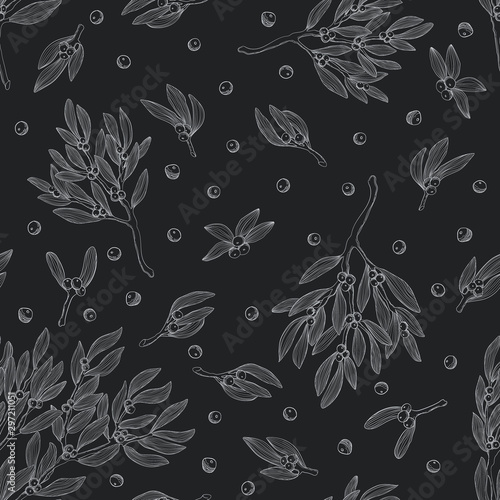 Vector seamless pattern with branches of mistletoe in lineart style. Repeating background with ilex leaves and berries. For fabric, wrapping paper, print and web projects. Greeting card design.