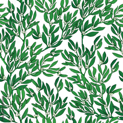 Christmas seamless pattern with hand draw mistletoe and berry. Backdrop with ilex branch and berries on white. Perfect for greeting cards, wallpaper, gift paper. Vector repeating background.