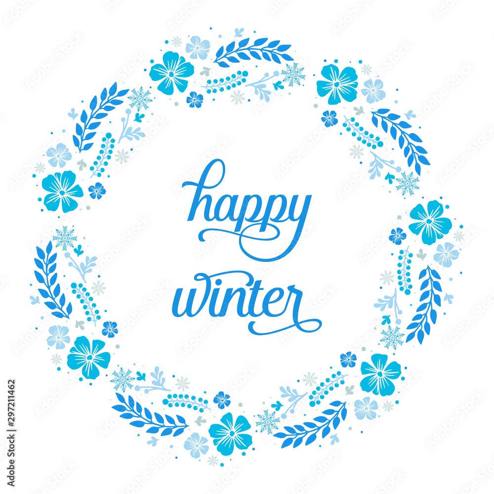 Ornate of card happy winter, with design beautiful blue leaf flower frame. Vector Ornate of card happy winter, with design beautiful blue leaf flower frame. Vector