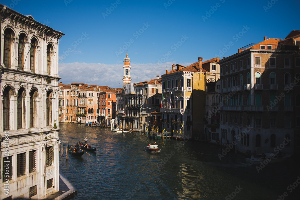 VENICE ITALY - OCTOBER 2019. View of Canal Grande with variety of boats and ships on the water with passengers.