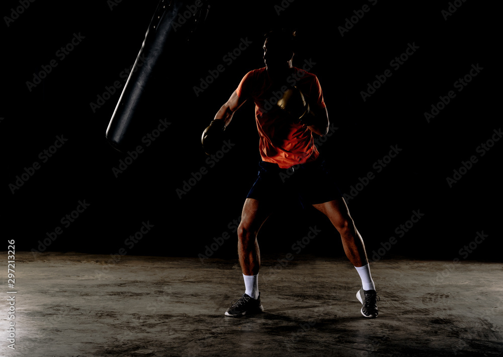 Portrait of boxer training with gloves and boxing equipement