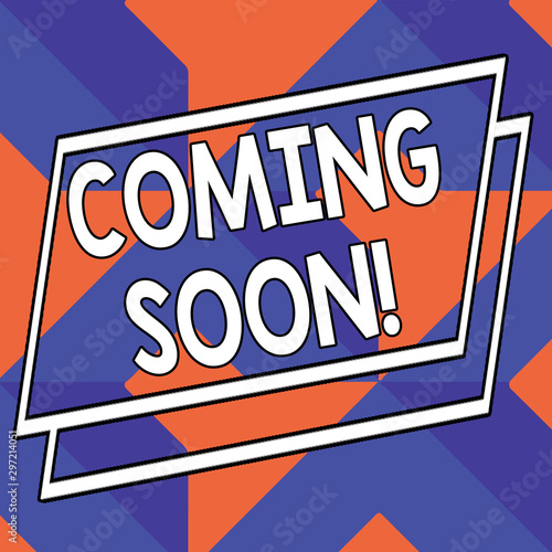Word writing text Coming Soon. Business photo showcasing event or action that will happen after really short time Abstract Modern Design Diagonal Structure in Blue and Orange with Perspective