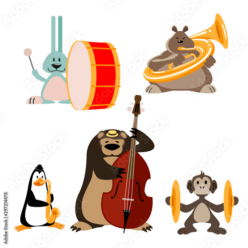 Animal Musicians Cartoon characters playing musical instruments. Illustration, vector.