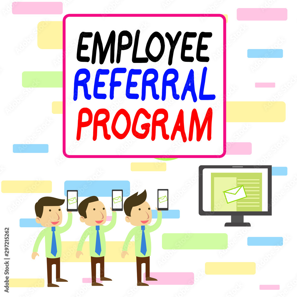 Naklejka premium Writing note showing Employee Referral Program. Business concept for employees are rewarded for introducing recruits SMS Email Marketing Media Audience Attraction PC Loudspeaker
