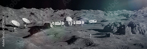 astronaut on Moon surface, lunar landscape with permanent base photo