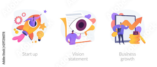 Successful project launch, corporate strategy presentation, financial development icons set. Startup, vision statement, business growth metaphors. Vector isolated concept metaphor illustrations