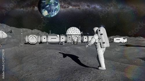 Fototapeta Naklejka Na Ścianę i Meble -  astronaut on Moon surface, lunar landscape with space habitat
