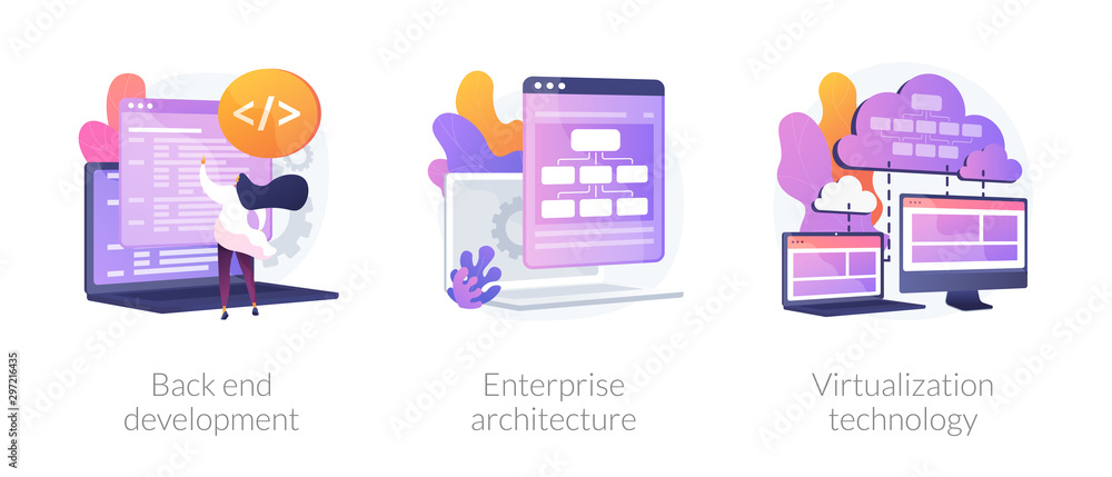 Software engineering, franchise building, cloud computing icons set ...