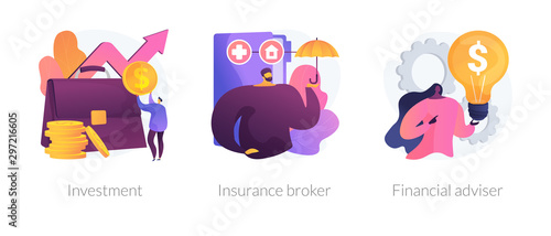 Finances management, economic protection service, professional consulting icons set. Investment, insurance broker, financial adviser metaphors. Vector isolated concept metaphor illustrations