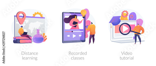 Home education, remote university graduation, online educational materials icons set. Distance learning, recorded classes, video tutorial metaphors. Vector isolated concept metaphor illustrations