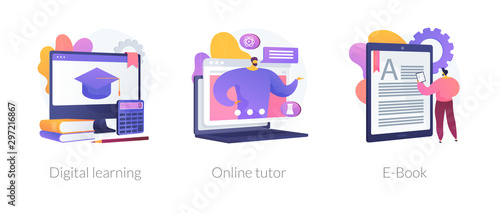 Internet school graduation, professional teacher service, electronic book device icons set. Digital learning, online tutor, e-Book metaphors. Vector isolated concept metaphor illustrations