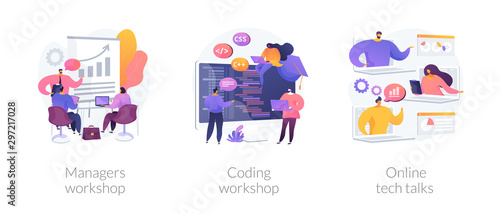 Business management coaching, programming courses, technical support icons set. Managers workshop, coding workshop, online tech talks metaphors. Vector isolated concept metaphor illustrations