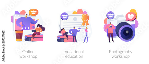 Internet learning, certificate gaining, photographer training courses icons set. Online workshop, vocational education, photography workshop metaphors. Vector isolated concept metaphor illustrations