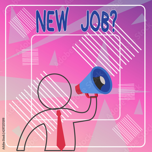 Handwriting text New Job Question. Conceptual photo formal meeting which someone asked find out if they are suitable Outline Symbol Man Loudspeaker Making Announcement Giving Instructions