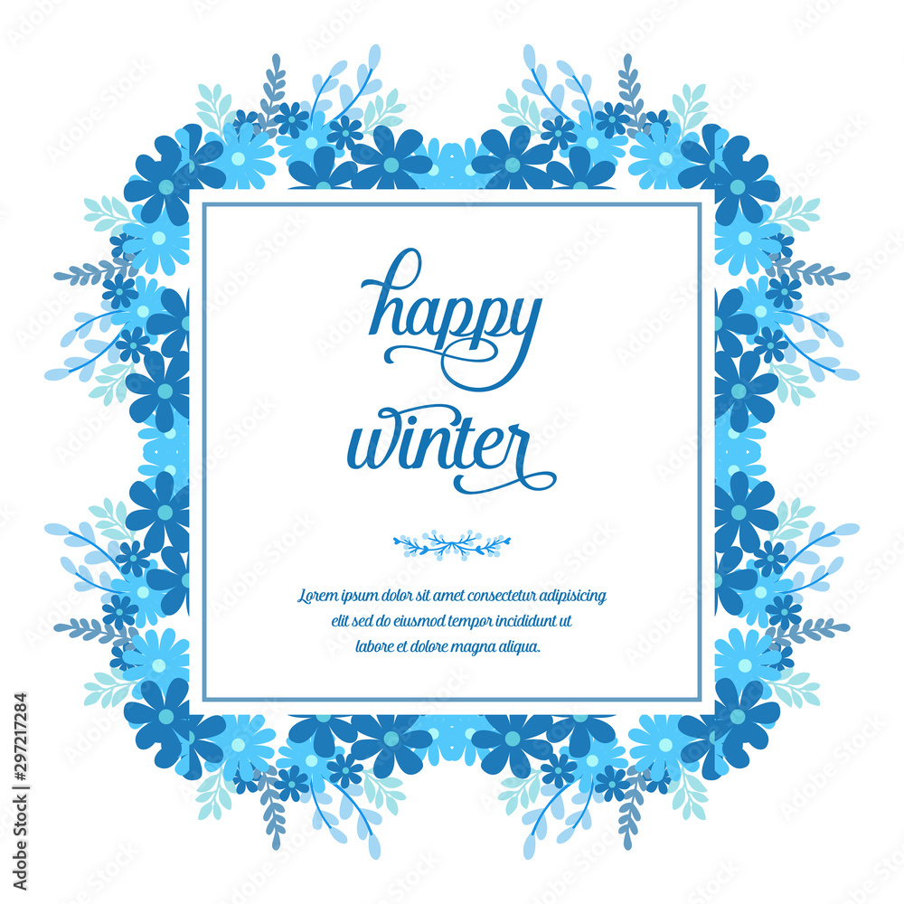 Handwritten greeting card happy winter, with pattern vintage blue flower frame. Vector