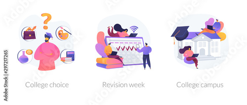 Important decision making, higher education institution choosing, student lifestyle icons set. College choice, revision week, college campus metaphors. Vector isolated concept metaphor illustrations