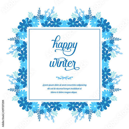 Handwritten greeting card happy winter, with pattern vintage blue flower frame. Vector