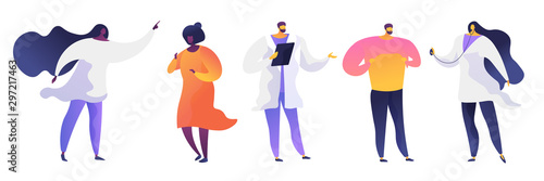 Hospital visit flat vector illustrations set. Doctors in white coats and patients cartoon characters. Professional consultation, healthcare service. Therapist with stethoscope. Medical clinic staff