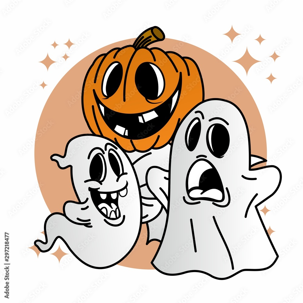 Obraz premium The Cute Pumpkin Ghost And White Ghost, Flat Design