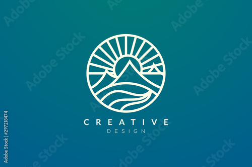 Logo design that combines circle objects with mountains. Minimalist and modern vector design for your business brand or product.