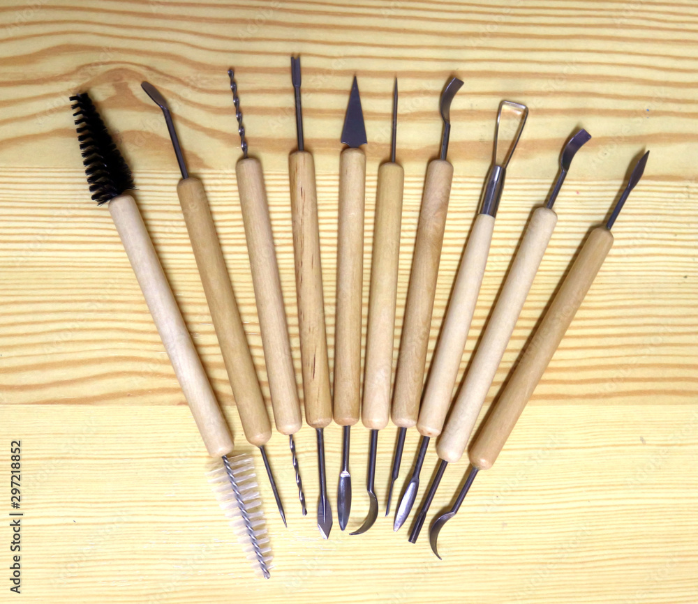 Set with different sculpture tools for clay pottery with different tips Set with different sculpture tools for clay pottery with different tips