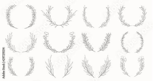 Plant nature wreath hand drawn set. Collection botanical element.Elegante vintage style.