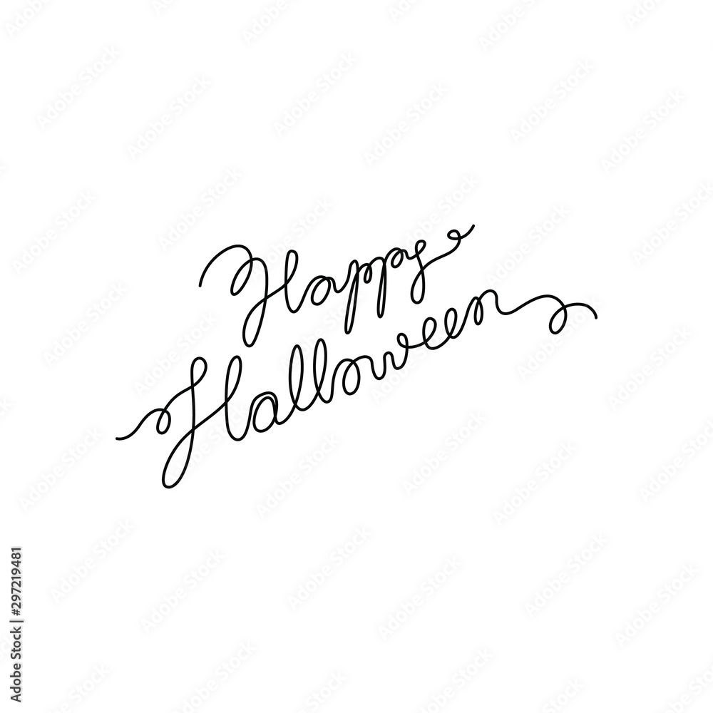 Happy Halloween lettering,  continuous line drawing, banner, poster, flyers, marketing, greeting cards, hand lettering, emblem or logo design, one single line on white background, isolated vector.